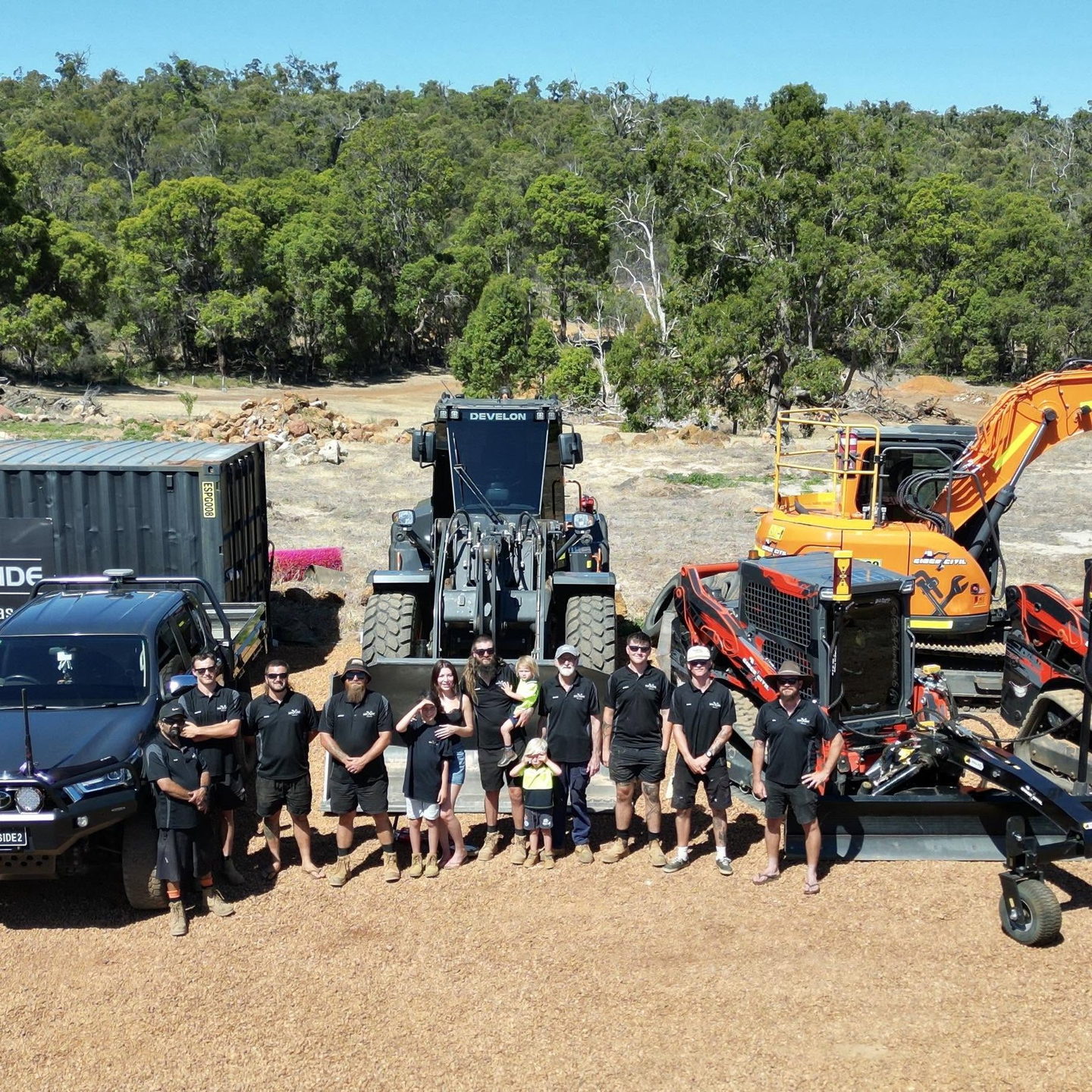 The Gidge Civil family crew with their excavators, loader and trucks at Gidgegannup